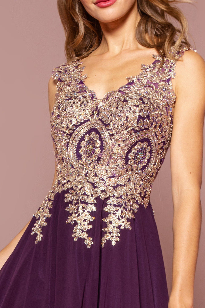 Long V-Neck Dress with Lace Appliques by Elizabeth K GL2311-Long Formal Dresses-ABC Fashion