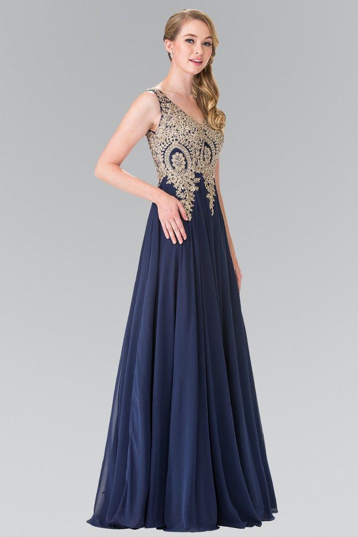 Long V-Neck Dress with Lace Appliques by Elizabeth K GL2311-Long Formal Dresses-ABC Fashion