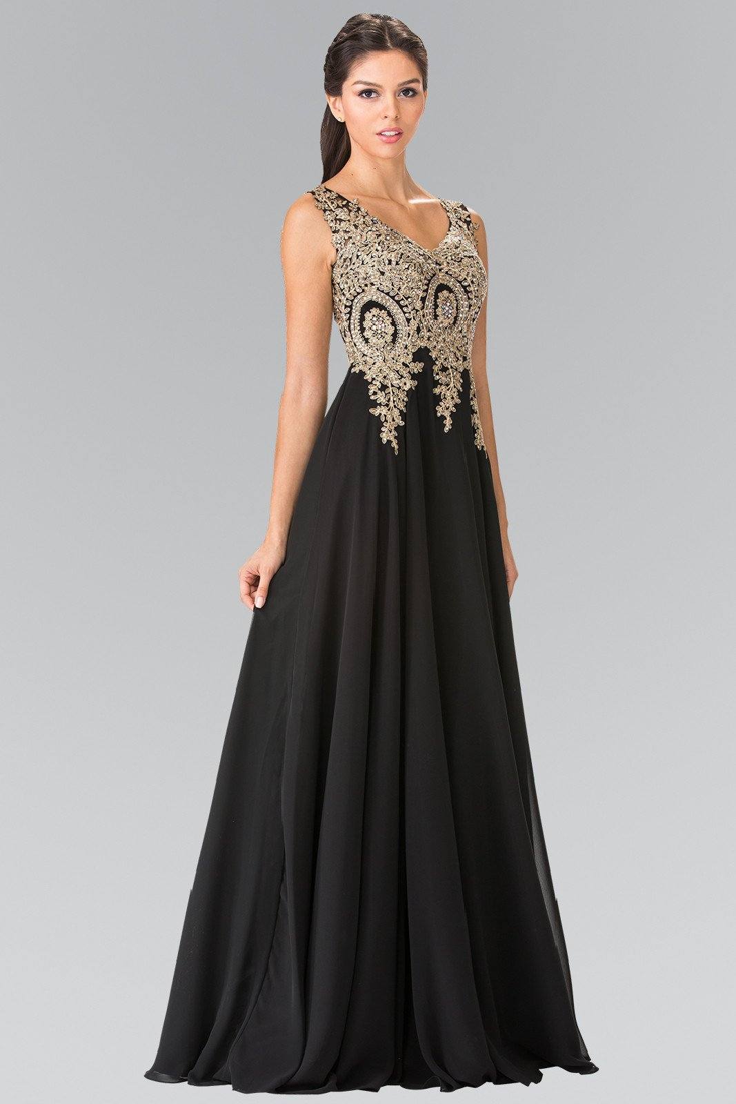 Long V-Neck Dress with Lace Appliques by Elizabeth K GL2311-Long Formal Dresses-ABC Fashion