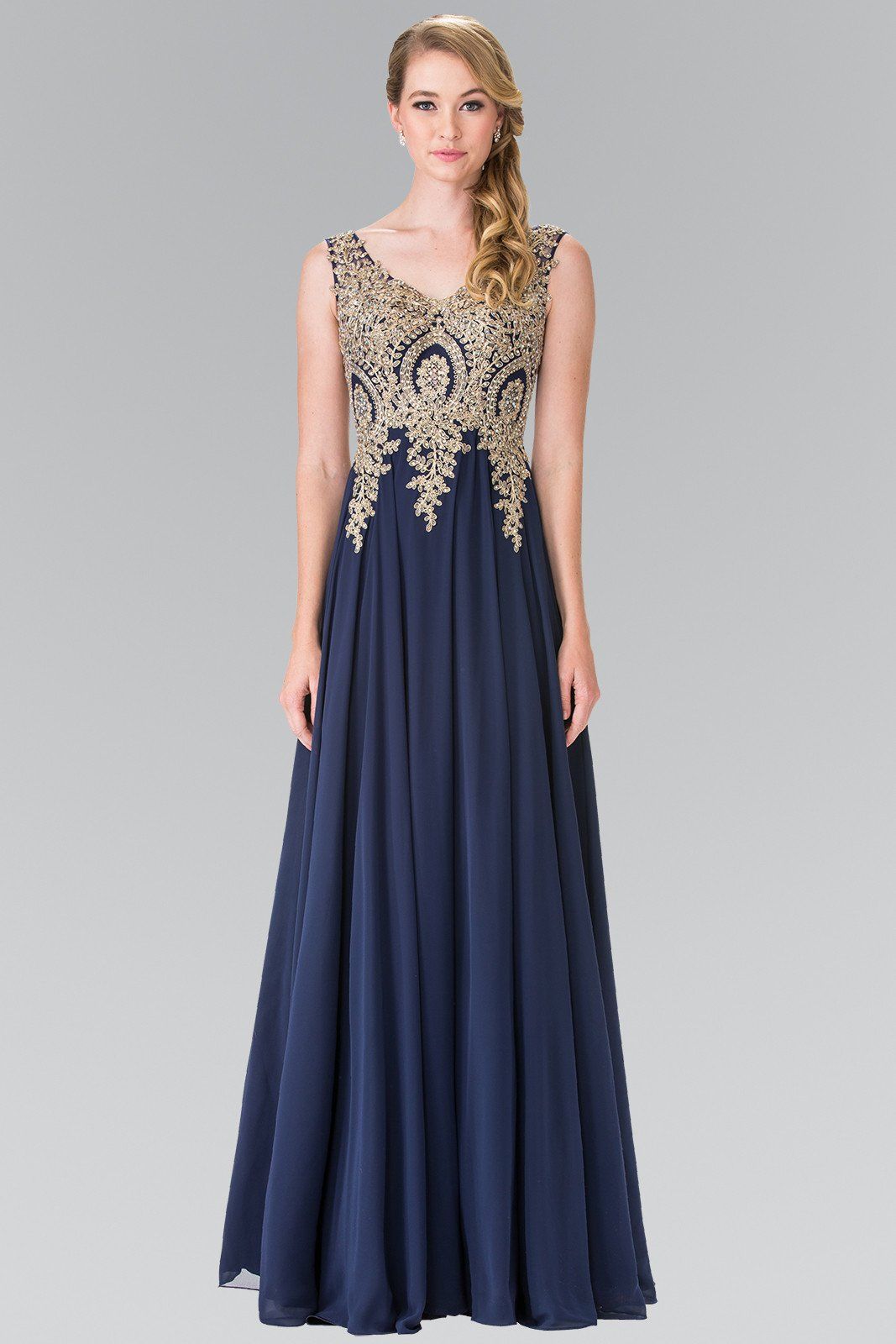 Long V-Neck Dress with Lace Appliques by Elizabeth K GL2311-Long Formal Dresses-ABC Fashion