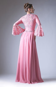 Long V-Neck Dress with Lace Bell Sleeves by Cinderella Divine CR774-Long Formal Dresses-ABC Fashion