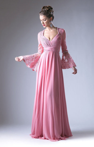 Long V-Neck Dress with Lace Bell Sleeves by Cinderella Divine CR774-Long Formal Dresses-ABC Fashion