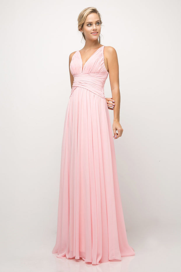 Long V-Neck Dress with Ruched Bodice by Cinderella Divine UF295-Long Formal Dresses-ABC Fashion