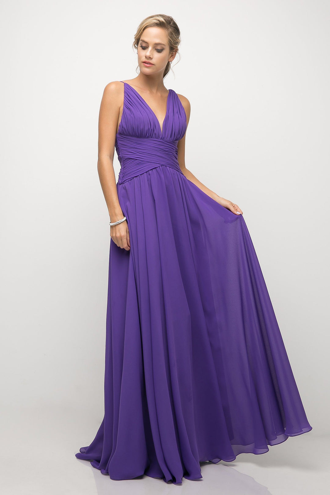 Long V-Neck Dress with Ruched Bodice by Cinderella Divine UF295-Long Formal Dresses-ABC Fashion