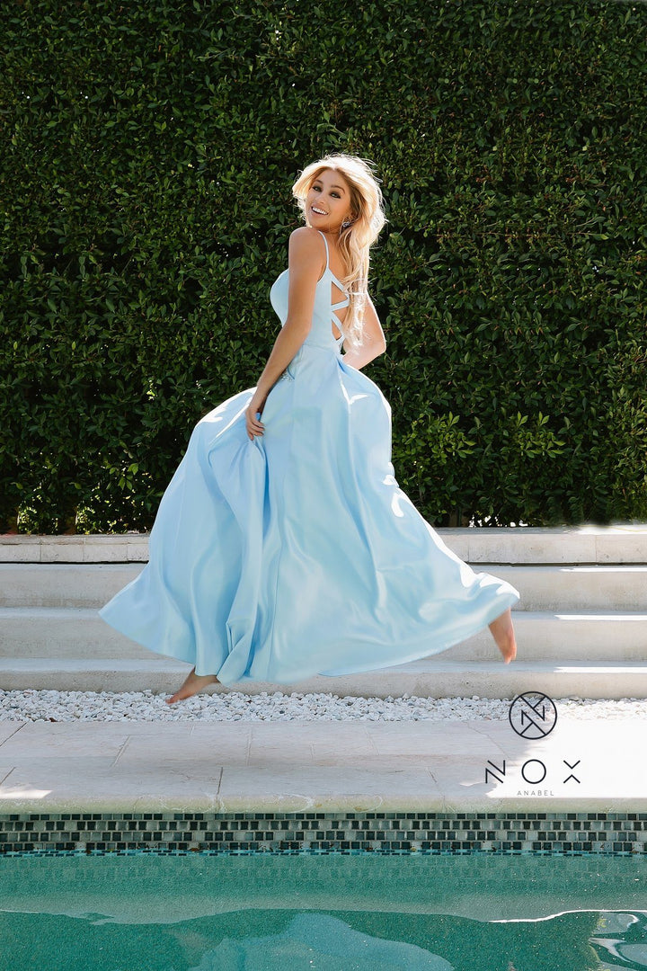 Long V-Neck Dress with Strappy Back by Nox Anabel N308