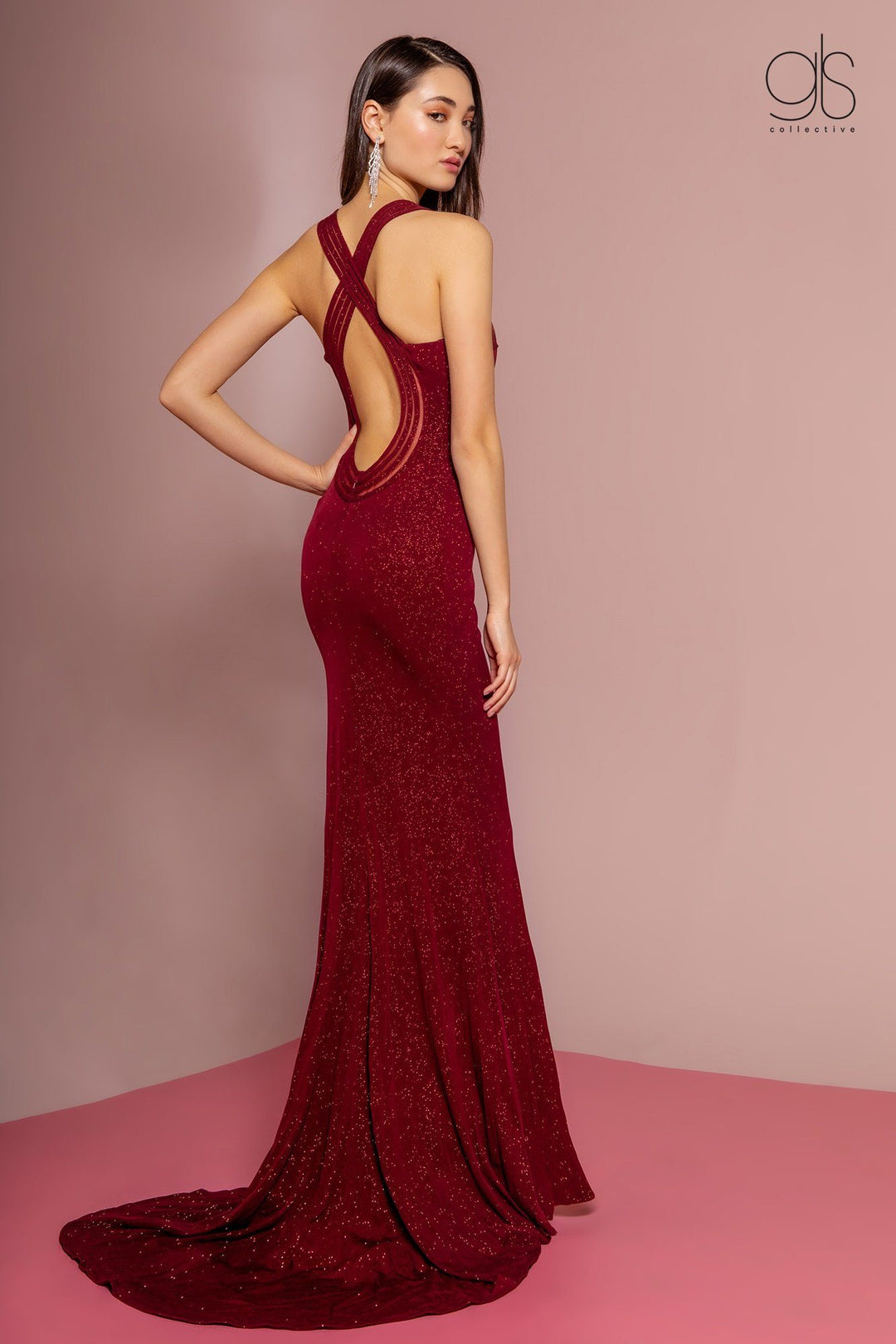 Long V-Neck Glitter Dress with Back Cut Out by Elizabeth K GL2704-Long Formal Dresses-ABC Fashion