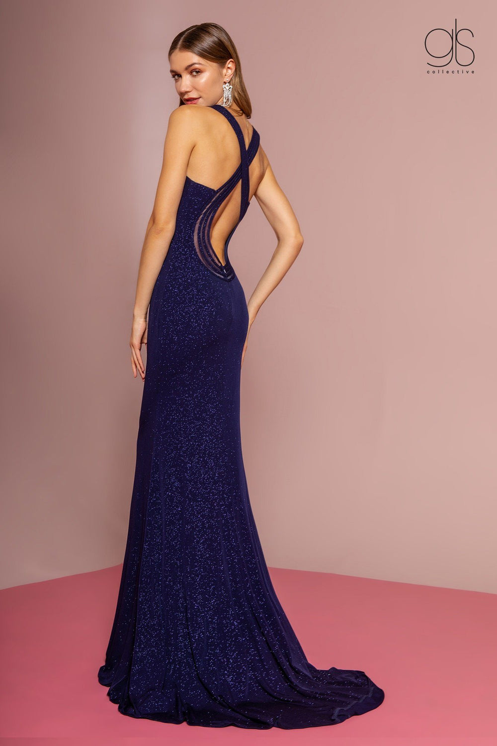 Long V-Neck Glitter Dress with Back Cut Out by Elizabeth K GL2704-Long Formal Dresses-ABC Fashion
