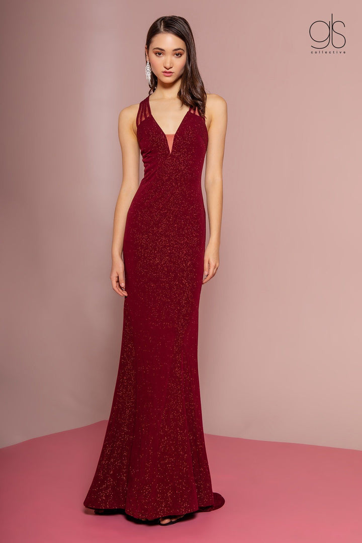 Long V-Neck Glitter Dress with Back Cut Out by Elizabeth K GL2704-Long Formal Dresses-ABC Fashion