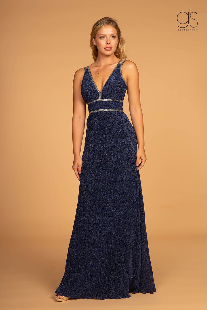 Long V-Neck Glitter Dress with Beaded Waistbands by Elizabeth K GL2503-Long Formal Dresses-ABC Fashion