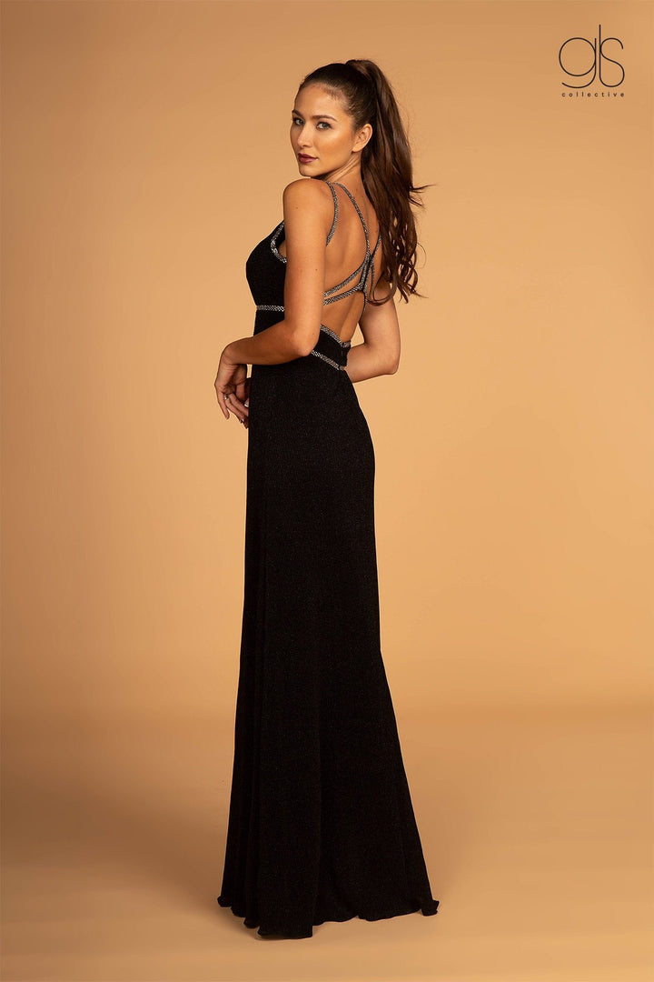 Long V-Neck Glitter Dress with Beaded Waistbands by Elizabeth K GL2503-Long Formal Dresses-ABC Fashion