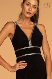 Long V-Neck Glitter Dress with Beaded Waistbands by Elizabeth K GL2503-Long Formal Dresses-ABC Fashion