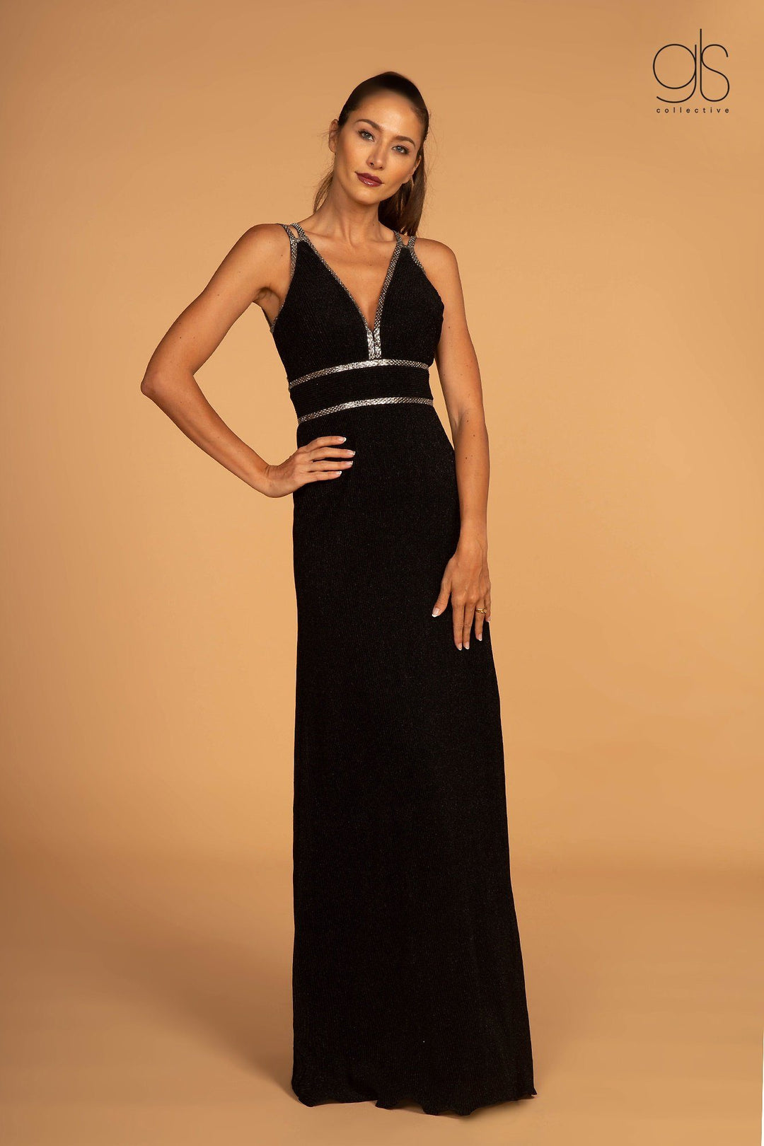 Long V-Neck Glitter Dress with Beaded Waistbands by Elizabeth K GL2503-Long Formal Dresses-ABC Fashion