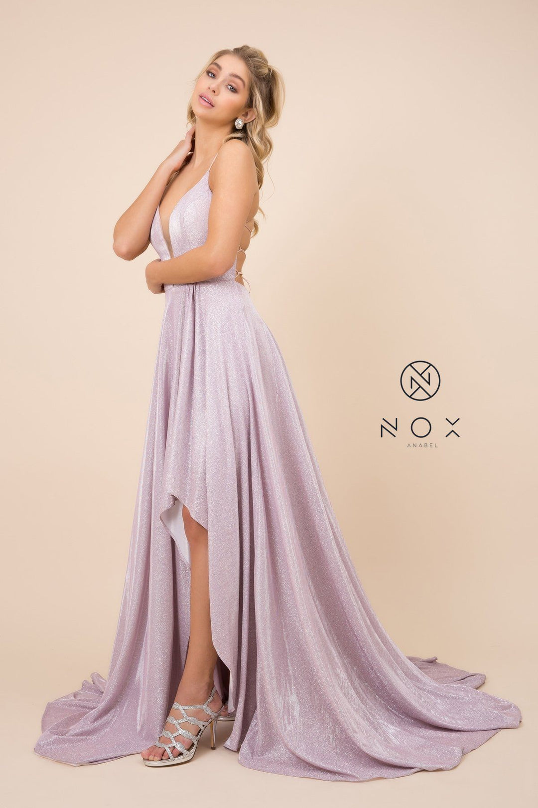 Long V-Neck Glitter Dress with Corset Back by Nox Anabel R348