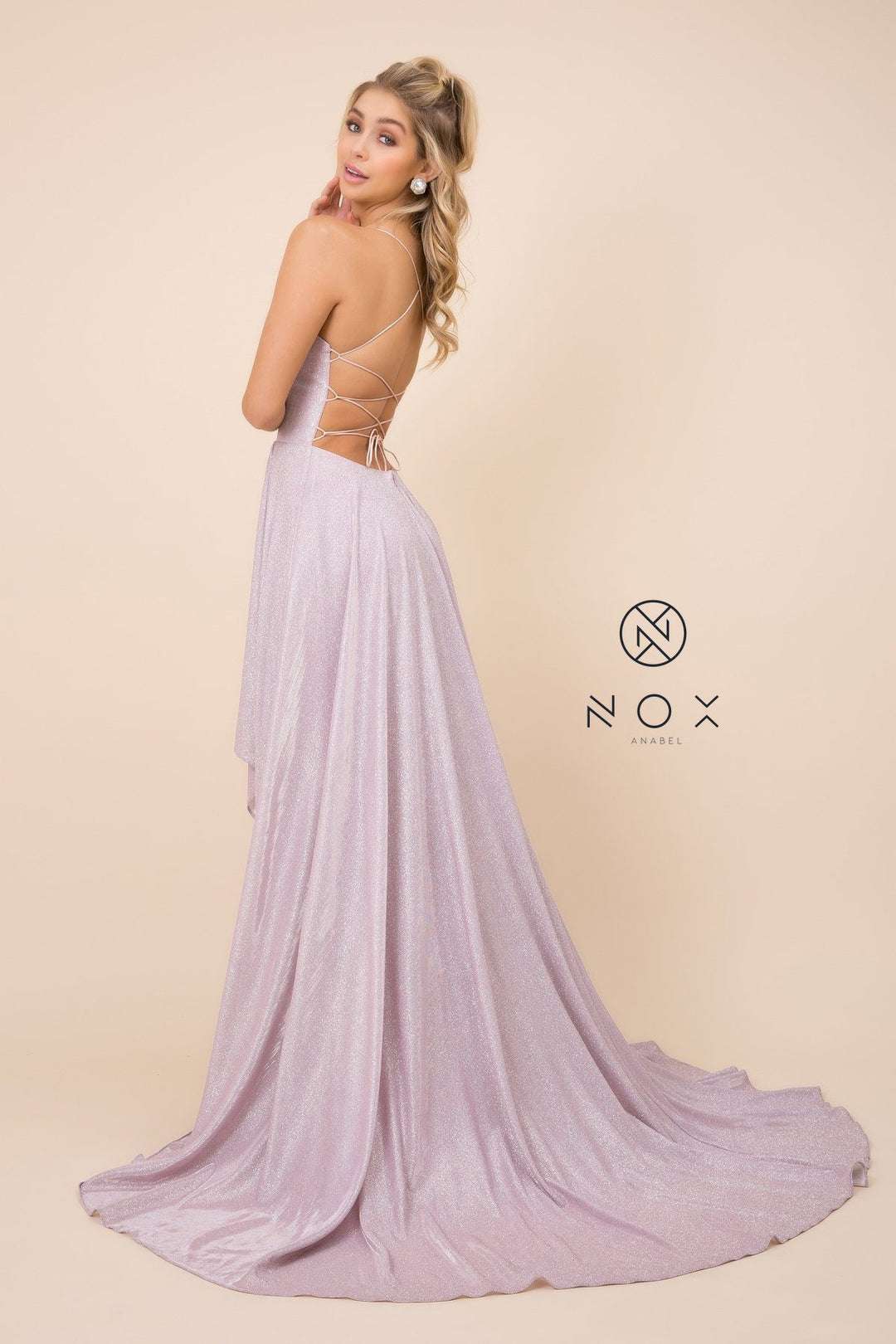 Long V-Neck Glitter Dress with Corset Back by Nox Anabel R348