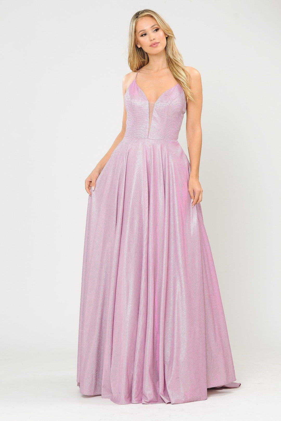 Long V-Neck Glitter Dress with Corset Back by Poly USA 8556