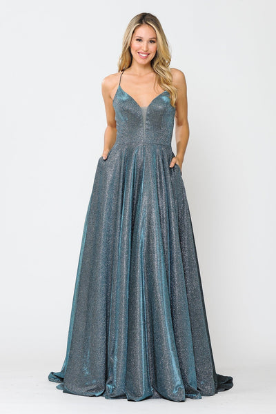 Long V-Neck Glitter Dress with Corset Back by Poly USA 8556
