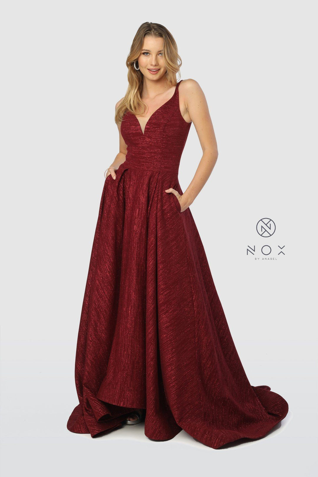 Long V-Neck Glitter Dress with Pleated A-line Skirt by Nox Anabel R218-Long Formal Dresses-ABC Fashion