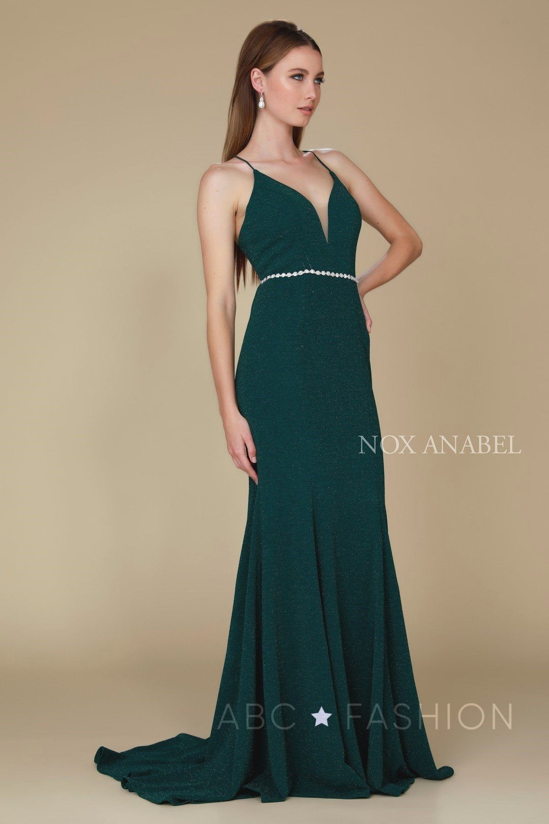 Long V-Neck Glitter Dress with Strappy Back by Nox Anabel N160-Long Formal Dresses-ABC Fashion