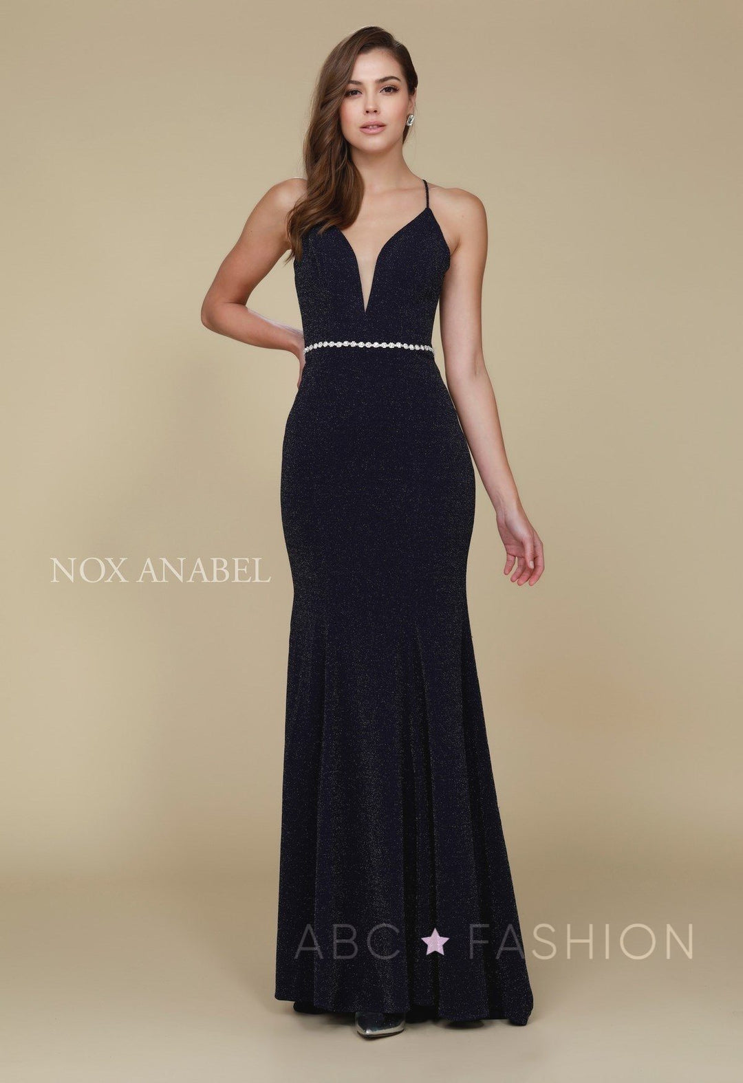 Long V-Neck Glitter Dress with Strappy Back by Nox Anabel N160-Long Formal Dresses-ABC Fashion