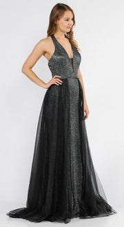 Long V-Neck Glitter Halter Dress with Open Back by Poly USA 8384-Long Formal Dresses-ABC Fashion