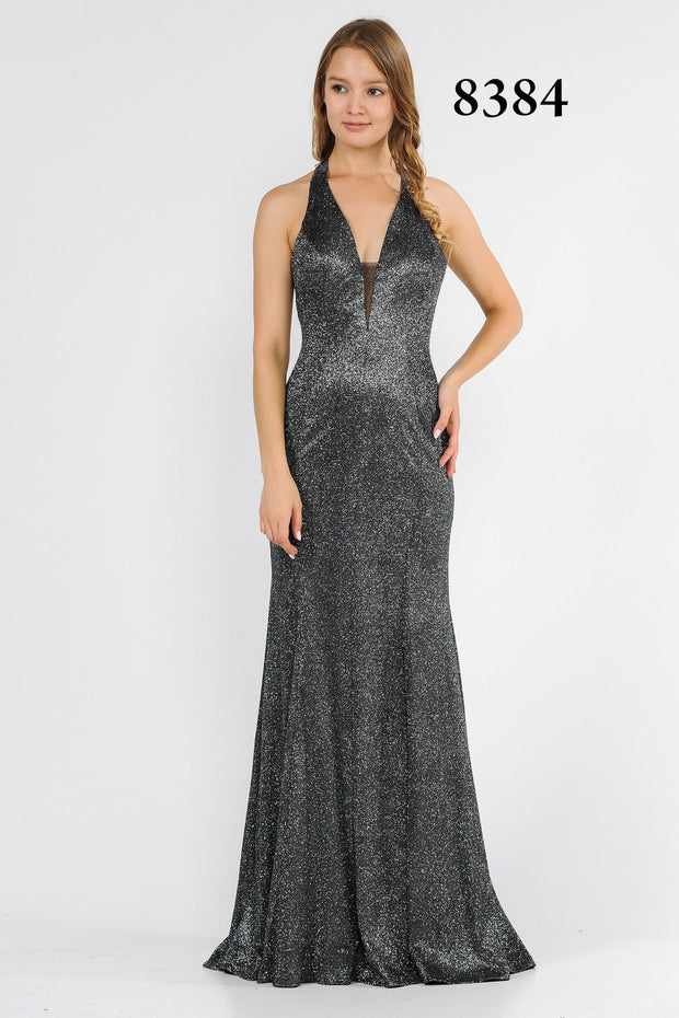 Long V-Neck Glitter Halter Dress with Open Back by Poly USA 8384-Long Formal Dresses-ABC Fashion