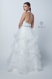 Long V-Neck Halter Dress with Dotted Tiered Skirt by Nox Anabel T256-Long Formal Dresses-ABC Fashion