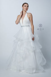 Long V-Neck Halter Dress with Dotted Tiered Skirt by Nox Anabel T256-Long Formal Dresses-ABC Fashion