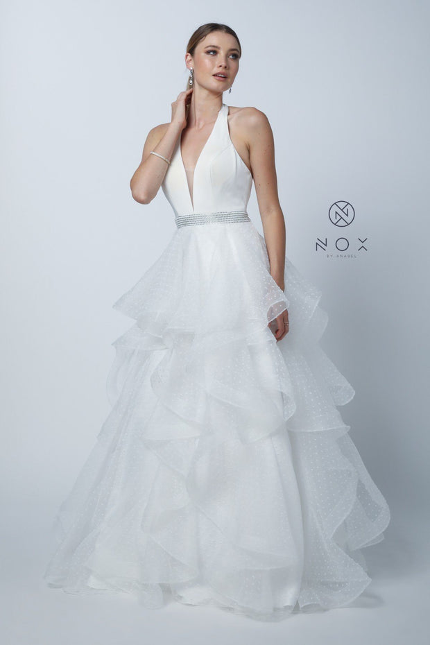 Long V-Neck Halter Dress with Dotted Tiered Skirt by Nox Anabel T256-Long Formal Dresses-ABC Fashion