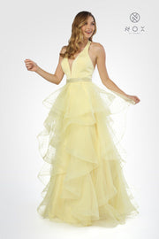 Long V-Neck Halter Dress with Dotted Tiered Skirt by Nox Anabel T256-Long Formal Dresses-ABC Fashion