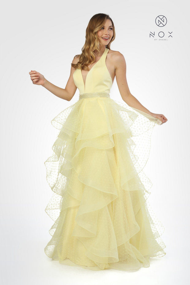 Long V-Neck Halter Dress with Dotted Tiered Skirt by Nox Anabel T256-Long Formal Dresses-ABC Fashion
