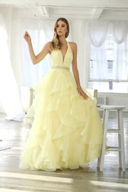 Long V-Neck Halter Dress with Dotted Tiered Skirt by Nox Anabel T256-Long Formal Dresses-ABC Fashion