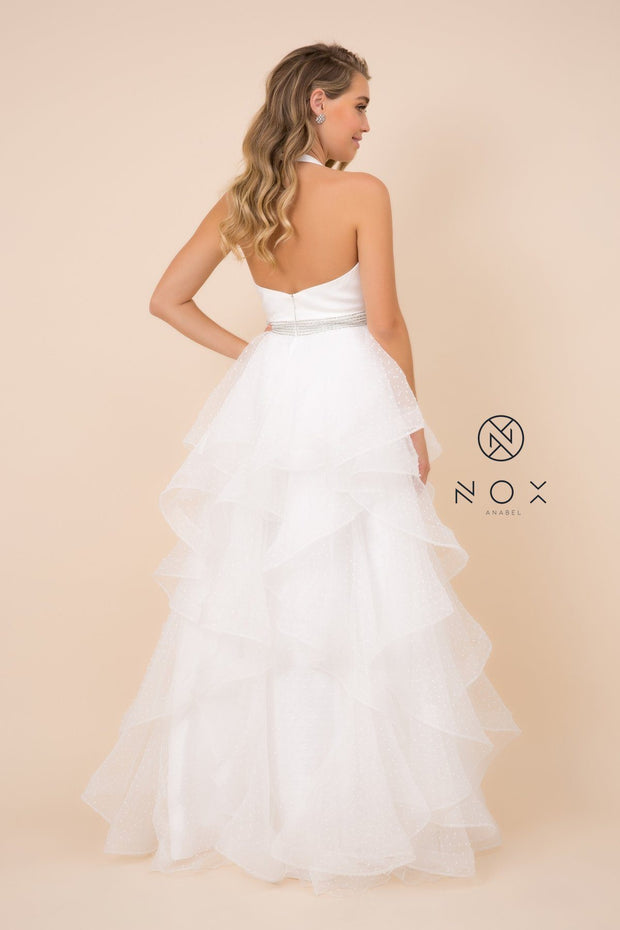 Long V-Neck Halter Dress with Dotted Tiered Skirt by Nox Anabel T256