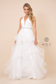 Long V-Neck Halter Dress with Dotted Tiered Skirt by Nox Anabel T256
