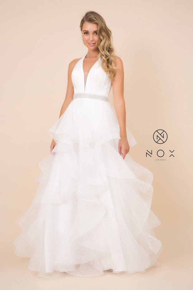 Long V-Neck Halter Dress with Dotted Tiered Skirt by Nox Anabel T256