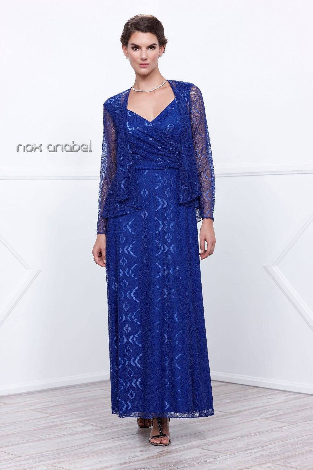 Long V Neck Lace Dress with Jacket by Nox Anabel 5140-Long Formal Dresses-ABC Fashion