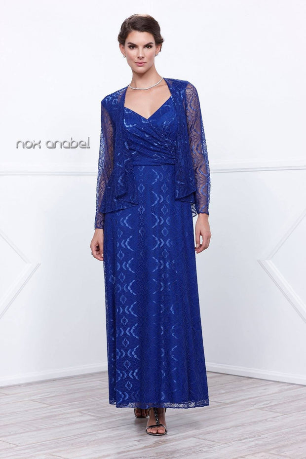 Long V Neck Lace Dress with Jacket by Nox Anabel 5140-Long Formal Dresses-ABC Fashion