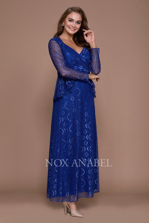 Long V Neck Lace Dress with Jacket by Nox Anabel 5140-Long Formal Dresses-ABC Fashion