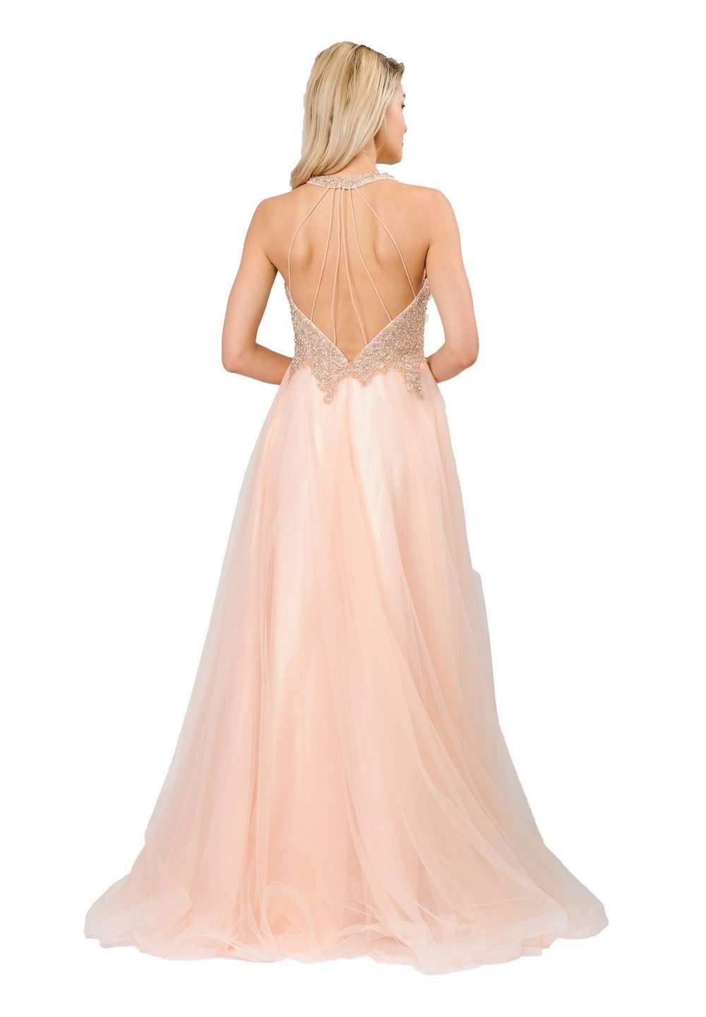 Long V-Neck Mesh Dress with Beaded Bodice by Poly USA 8412 M / Champagne/Blush Long V-Neck Mesh Dress with Beaded Bodice by Poly USA 8412 M / Champagne/Blush