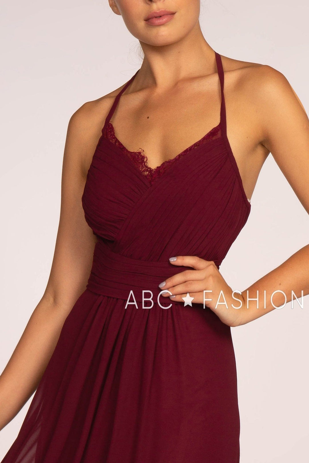 Long V-Neck Pleated Dress with Lace Details by Elizabeth K GL2606-Long Formal Dresses-ABC Fashion