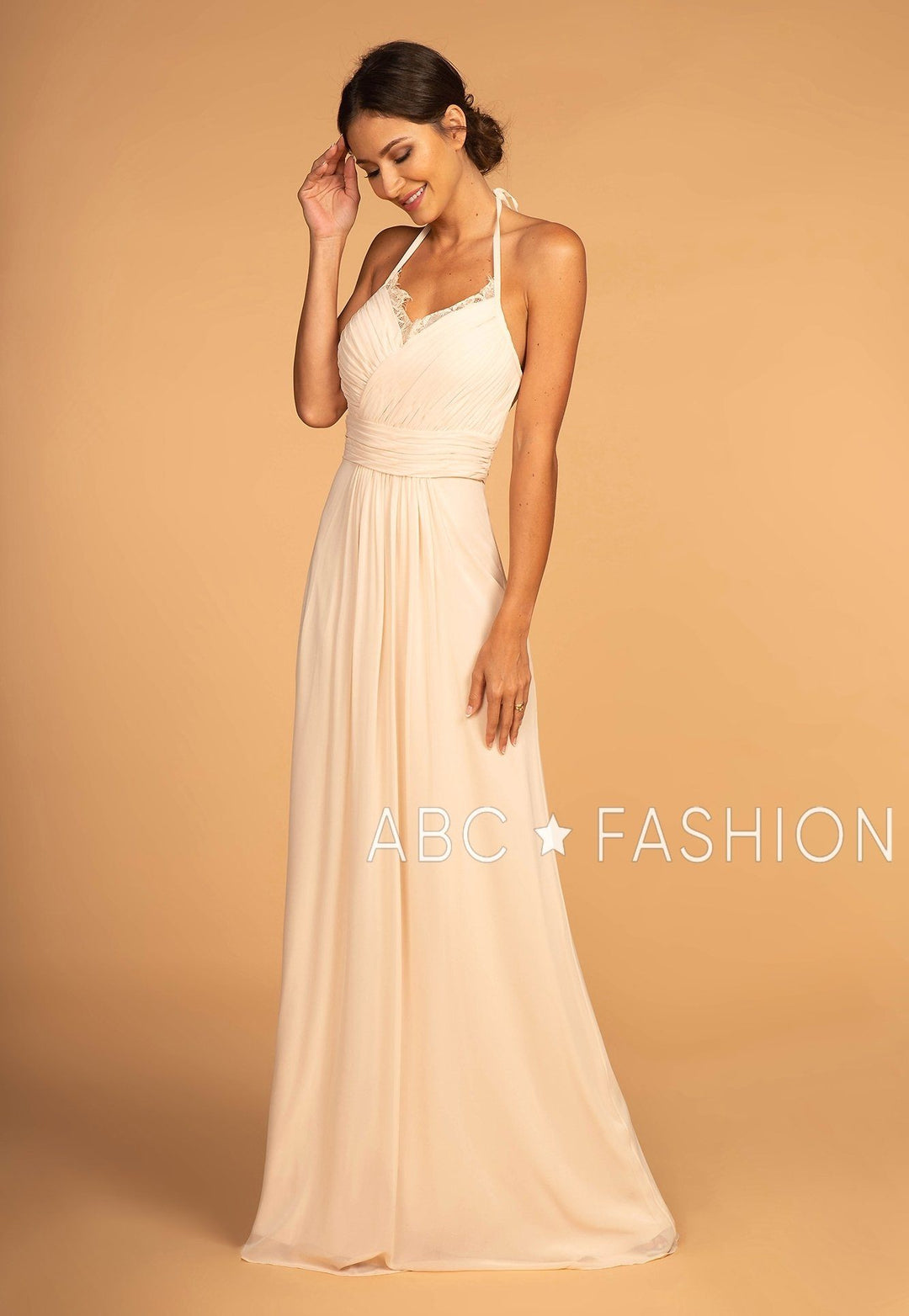 Long V-Neck Pleated Dress with Lace Details by Elizabeth K GL2606-Long Formal Dresses-ABC Fashion