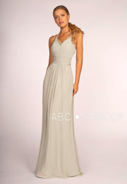 Long V-Neck Pleated Dress with Lace Details by Elizabeth K GL2606-Long Formal Dresses-ABC Fashion