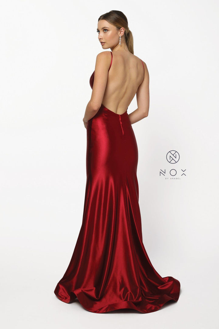 Long V-Neck Sleeveless Satin Dress with Open Back by Nox Anabel C227-Long Formal Dresses-ABC Fashion