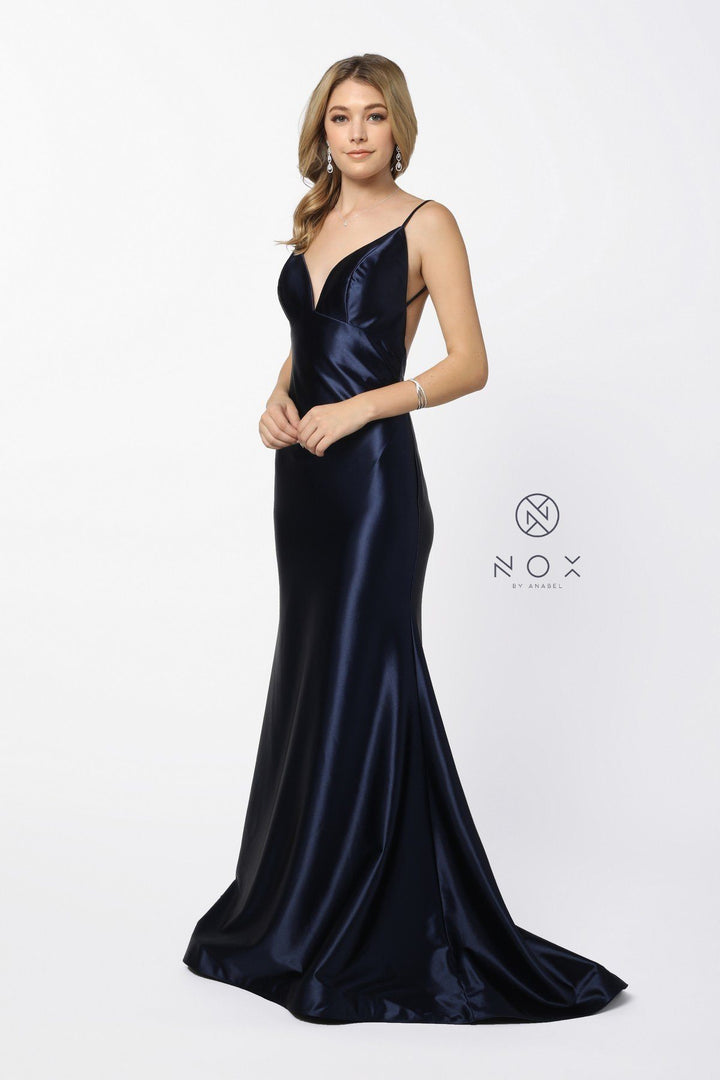 Long V-Neck Sleeveless Satin Dress with Open Back by Nox Anabel C227-Long Formal Dresses-ABC Fashion