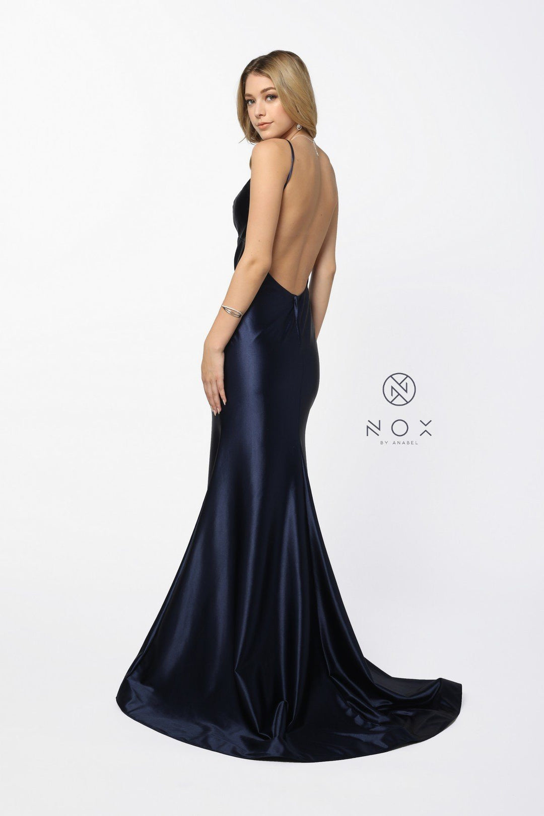 Long V-Neck Sleeveless Satin Dress with Open Back by Nox Anabel C227-Long Formal Dresses-ABC Fashion