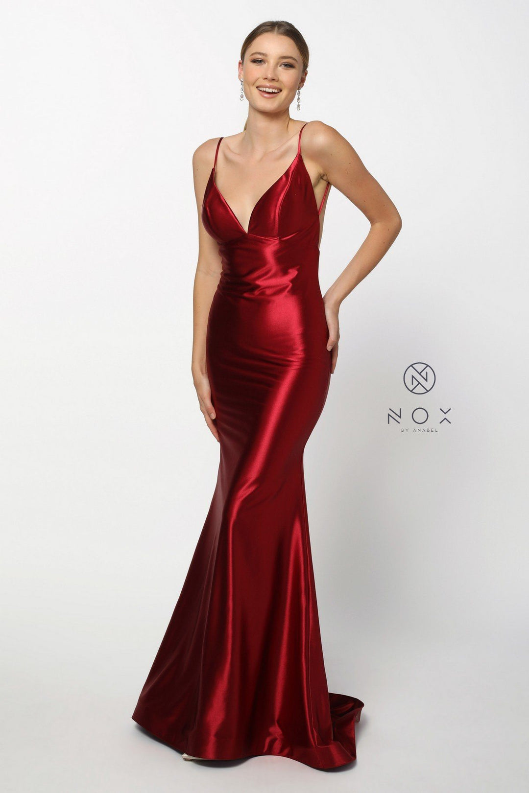 Long V-Neck Sleeveless Satin Dress with Open Back by Nox Anabel C227-Long Formal Dresses-ABC Fashion