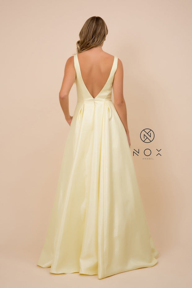 Long V-Neck Taffeta Dress by Nox Anabel E156