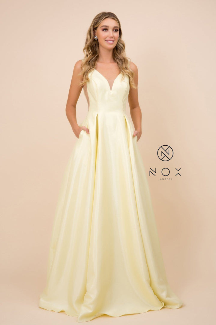 Long V-Neck Taffeta Dress by Nox Anabel E156