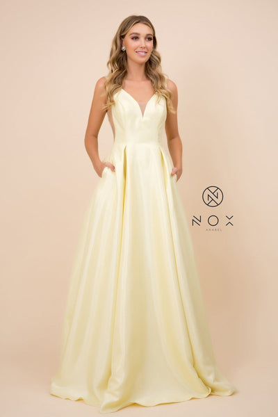 Long V-Neck Taffeta Dress by Nox Anabel E156