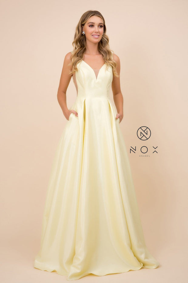 Long V-Neck Taffeta Dress by Nox Anabel E156