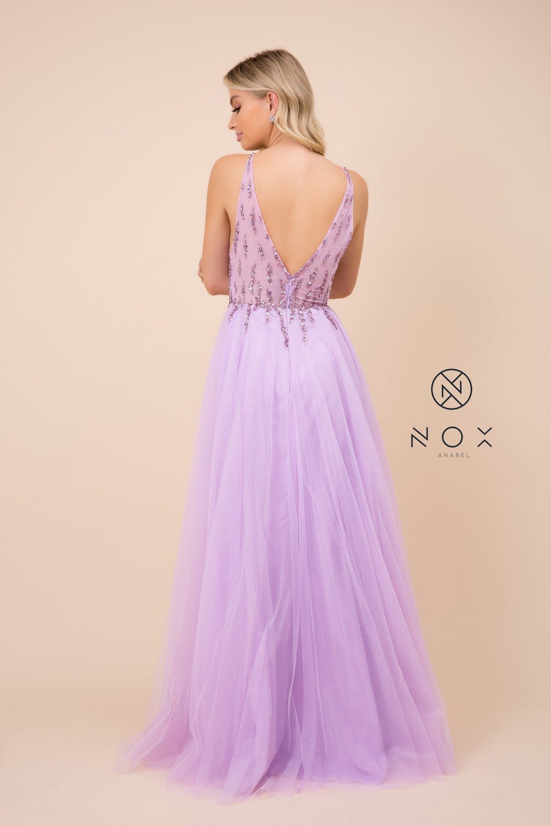 Long V-Neck Tulle Dress with Beaded Bodice by Nox Anabel J324